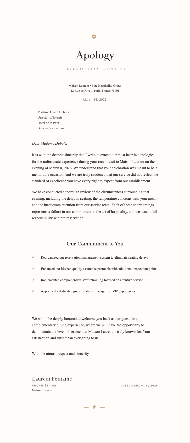 Elegant sophisticated apology letter